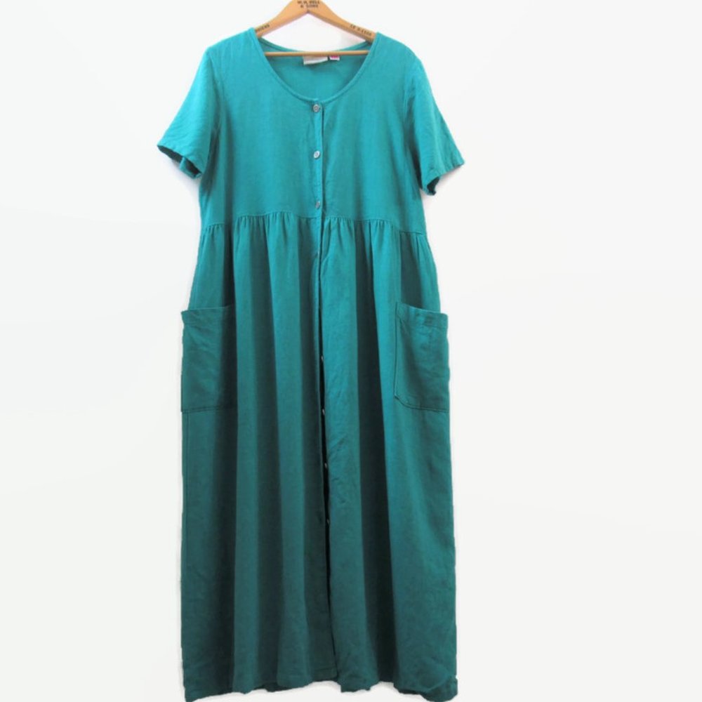 Vintage Linen Blend Button Front Shirt Dress